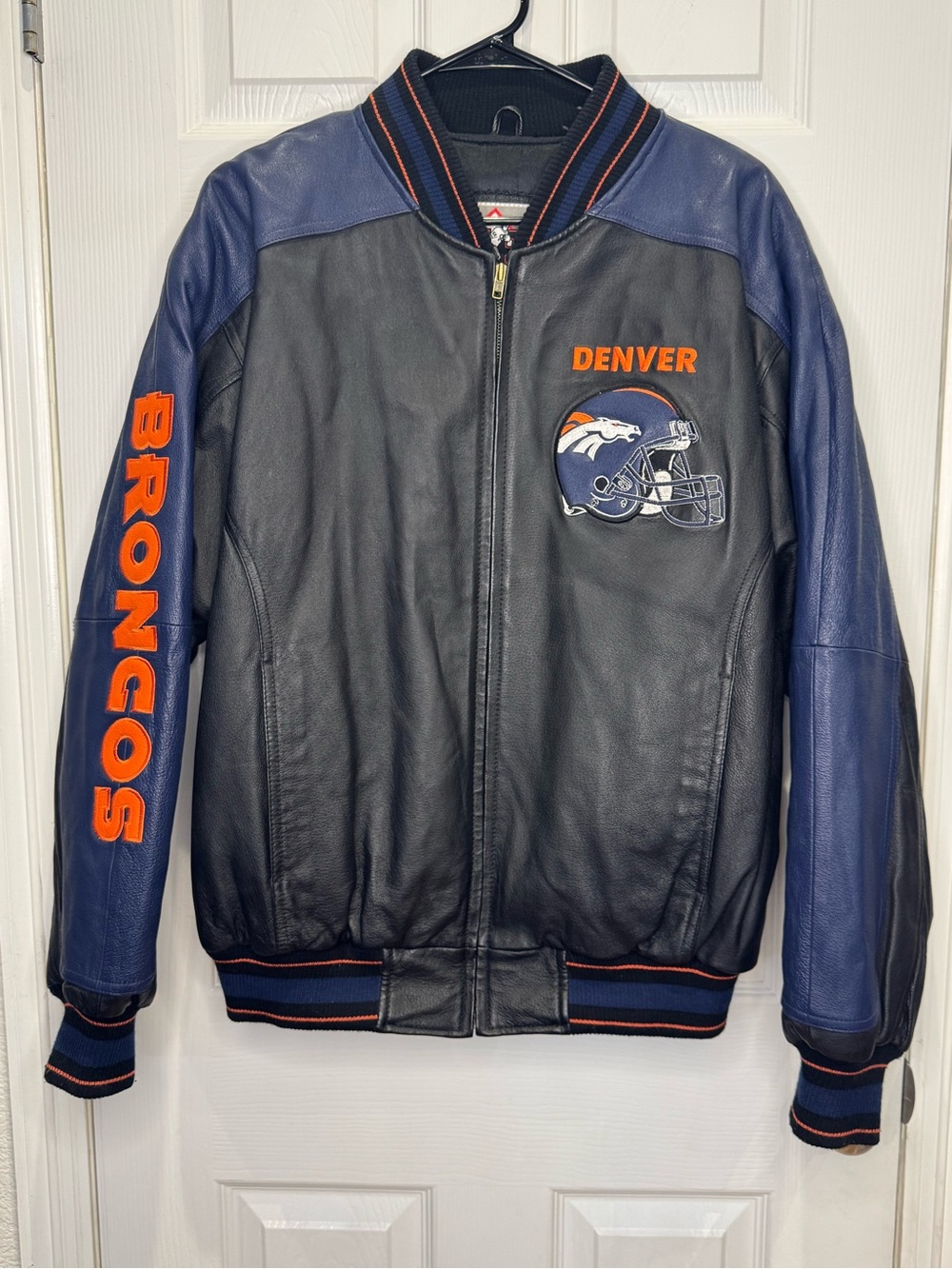 Denver Broncos Men's Medium NFL Leather Jacket Black Blue Orange Sports Football